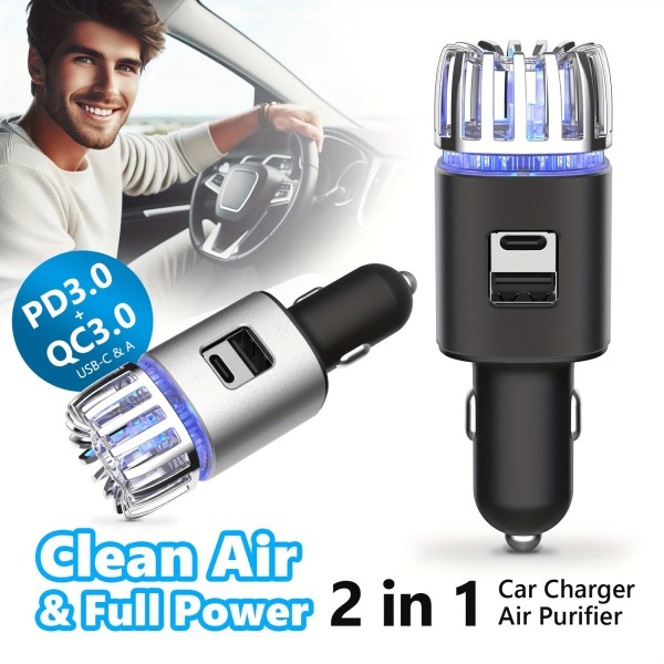 PD3.0 & QC3.0 USB C Type-C & Type-A デュアルポートアダプター付き 2-in-1 急速車載充電器空気清浄機 | iOS および Android スマートフォン、iPhone、Samsung Galaxy、Google Pixel、iPad、タブレット、アクセサリ用の急速充電 | 12V 車載ソケットで使用