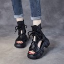 夏の新作レトロホールハイカットローマンクールブーツ 女性用ファッションフロントストラップ厚底無地オープントゥサンダル