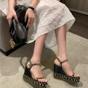 ウェッジソール サンダル レディース 厚底 ストーム 夏 ジュート 美脚 オシャレ バックストラップ 無地 11cmヒール 海辺 休暇 軽量 黒 歩きやすい 女性用 普段履きスタッズ 滑らない 痛くない 厚底サンダル