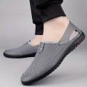 メンズ 軽量通気性スリッポンスニーカー - 六角形メッシュ付き夏用カジュアルシューズ、クッション性と滑り止めラバーソール、ランニング・ビジネスカジュアル用 - グレー/ブラック、スタイリッシュなスリップオンシューズ | 柔軟なインナーライニング