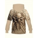 メンズ ノベルティ フーディー - スプーキー スカル プリント、ポリエステル ニット、カジュアル スタイル、洗濯機可、レギュラー フィット