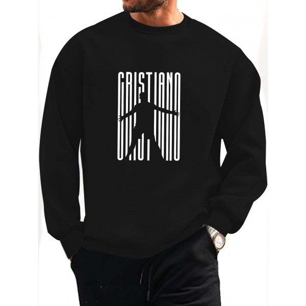 メンズ クリスティアーノ・ロナウド CR7 グラフィックプリント スウェットシャツ - ブラック ラウンドネック カジュアルプルオーバー、スポーツ＆アウトドアトレーニング用、洗濯機可 レギュラーフィット